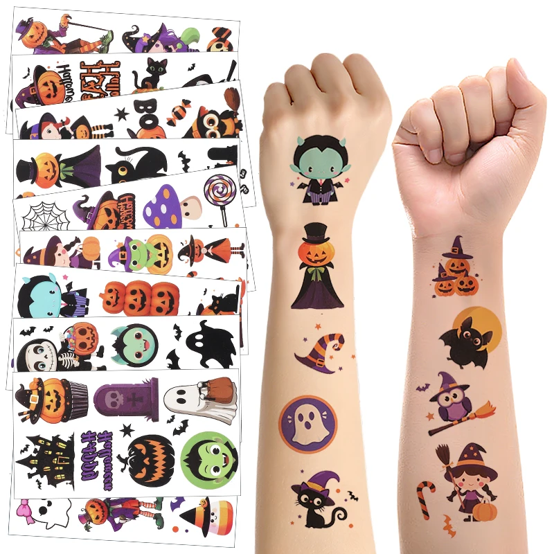 10pcs Halloween Tattoo Stickers Cartoon Pumpkin Ghost Bat Spider Temporary Sticker Kids Birthday Party Favors Boy Girl Gifts