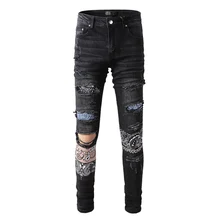  Men's Slim Fit Streetwear Fashion Style Distressed Skinny Stretch Destroyed Holes Tie Dye Bandana Patchwork Slim Fit Jeans 