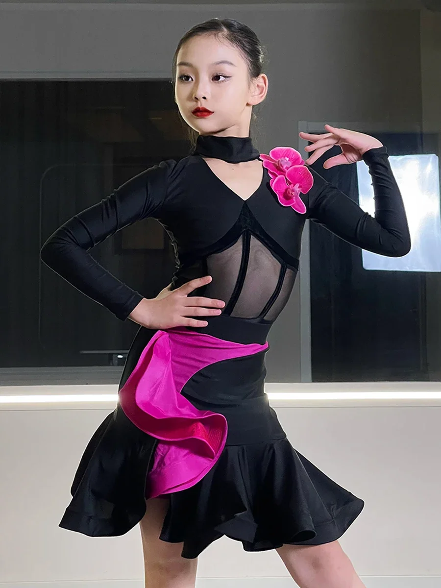 

2023 Kids Latin Dance Dress For Girls Long Sleeves Suit Cha Cah Rumba Ballroom Dance Competition Dress Practice Wear DNV18613