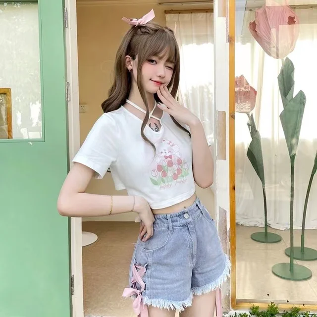 Kawaii Mulheres Topos Y2k Camiseta Doce Lolita Meninas Anime Rosa Harajuku  Camisetas Casuais Senhoras Nova Moda Coreana Roupas Femininas 2022 -  Camisetas - AliExpress