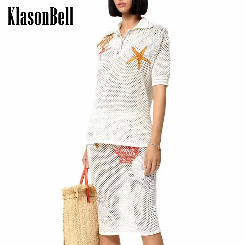 

7,21 KlasonBell женская футболка с вышивкой Морская звезда ракушка с отворотом и коротким рукавом трикотажная футболка или плетеная Жаккардовая юбка с вырезами