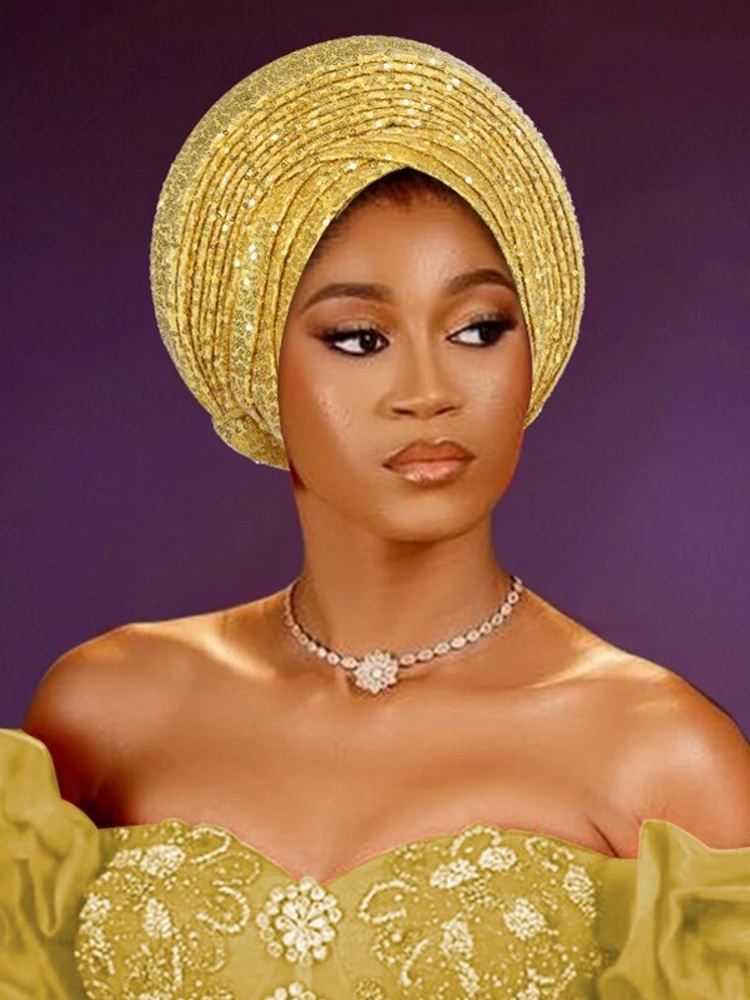 Nigerian Wedding Geles African Headtie Auto Gele Turbans for Women Aso Oke Fabric Muslim Headwear Headpiece Female Head Wraps