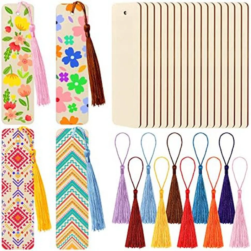 

100Pieces Hanging Labels With Colorful Tassels 4.8 X 1.3 Inch Wooden Bookmark Wooden For DIY Projects Christma