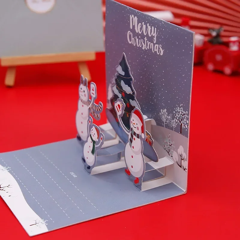 Merry Christmas Three-dimensional Greeting Cards with Envelope Santa Claus Snowman Laser Cut Xmas Happy New Year Greeting Cards