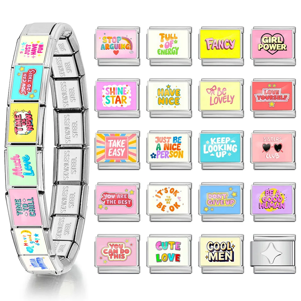 Classic Elastic Charm Colorful English Words Jewelry Link Fit 9mm Stainless Steel Italian Original Design Bracelet Making DIY – Detail 1
