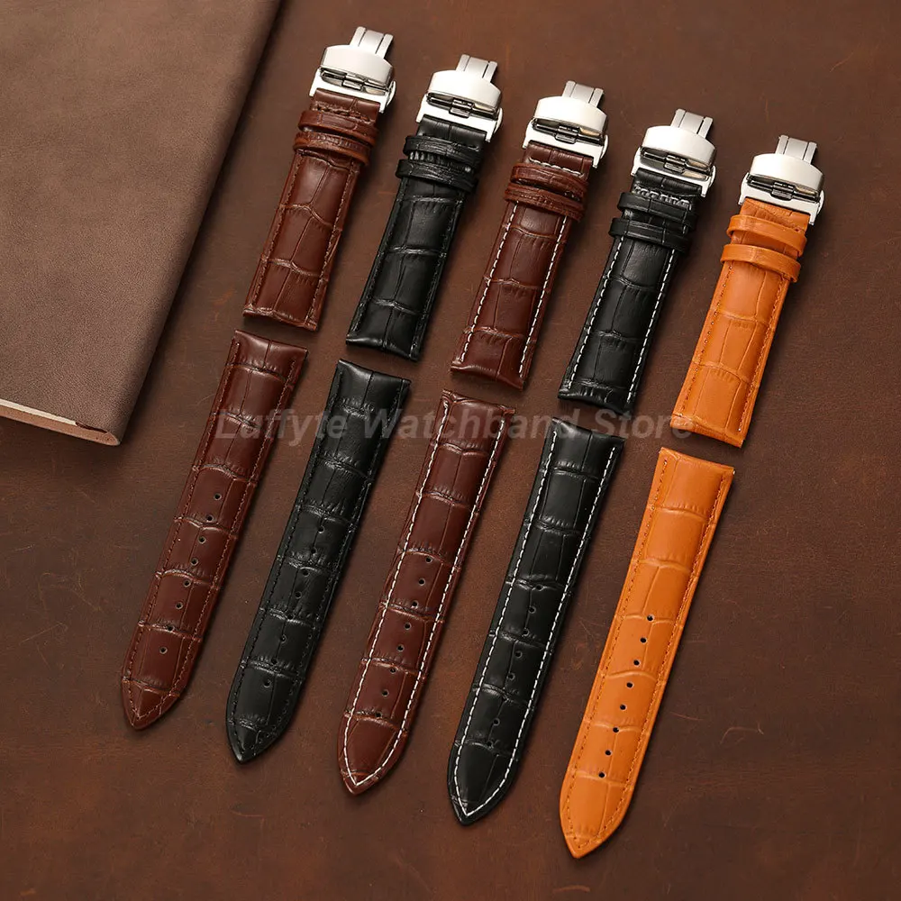 Men's Embossed Leather Watch Band with Butterfly Clasp - Fashionable and Comfortable Replacement Strap