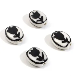 Ceramic Tulip Flower Pattern Multicolor Bead Set (Black - 14x11mm)