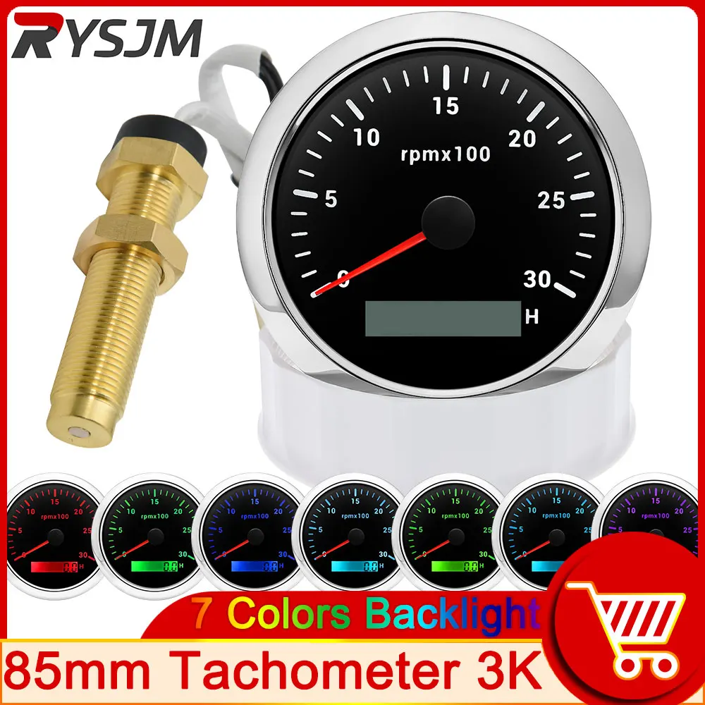 7 Color Backlight 85mm Tachometer 3000 Rpm Meter Black 3k Tacho Gauge