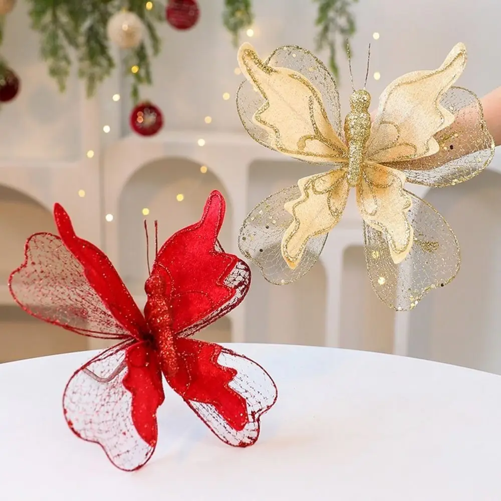 20cm Christmas Butterfly Ornament Fabric Glittered 3D Butterfly Decoration Realistic Decorative Christmas Tree Decorations