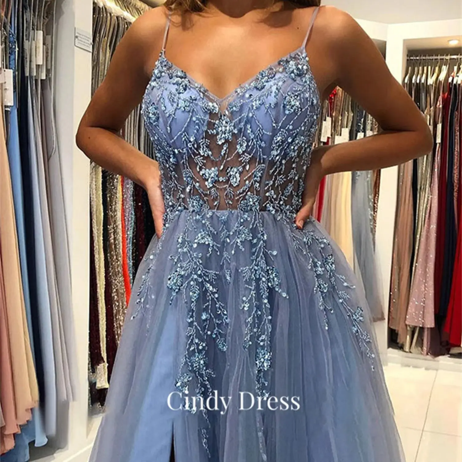

Cindy Beads Mesh A-line Blue Female Dress Dresses Party Woman Women Elegant Luxury Formal Prom Evening Ladies Gowns Gala 2024