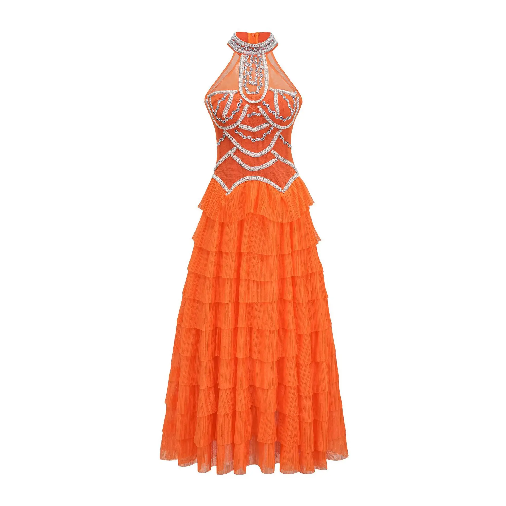 

Halter Orange Tulle Ball Gown Layered Sleeveless A-line Evening Dresses Crystals Beaded Women Clothes New Fashion Prom Dress