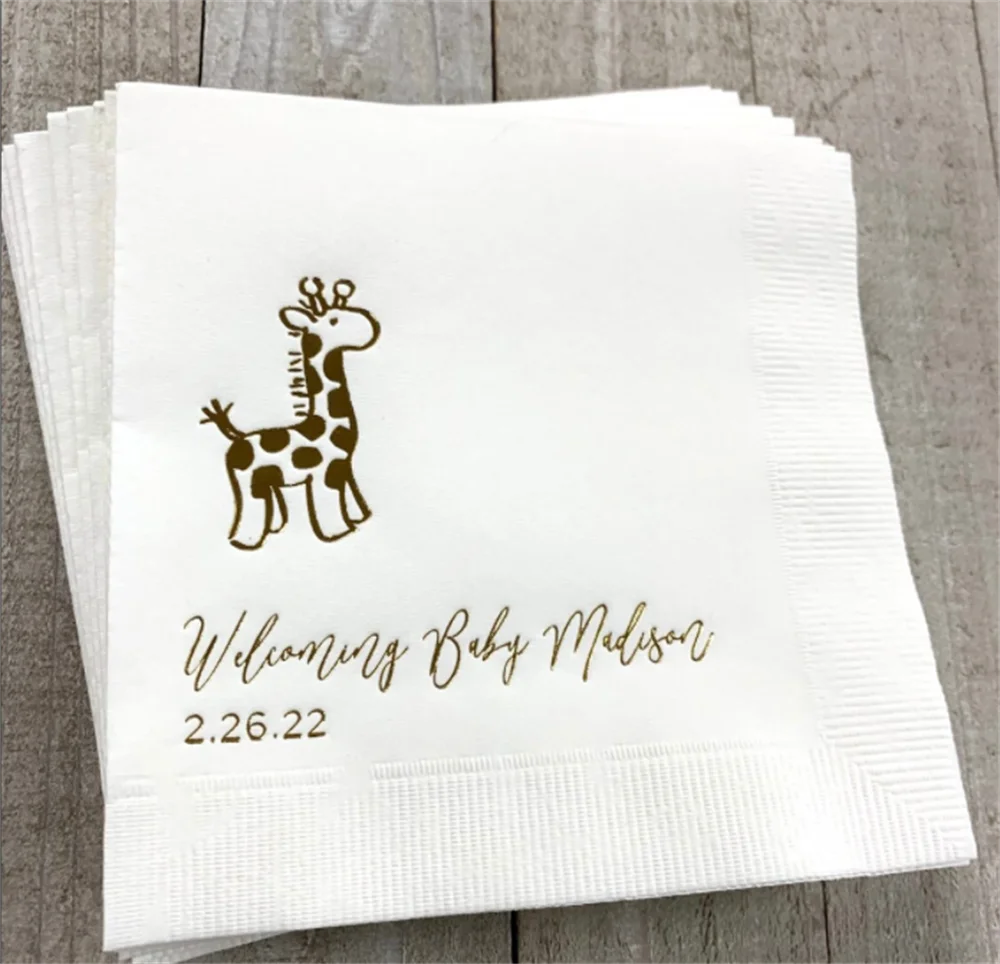 

50PCS Personalized Napkins Baby Shower Custom Monogram Giraffe Birthday Party Cocktail Beverage Luncheon Dinner Guest Towel Size