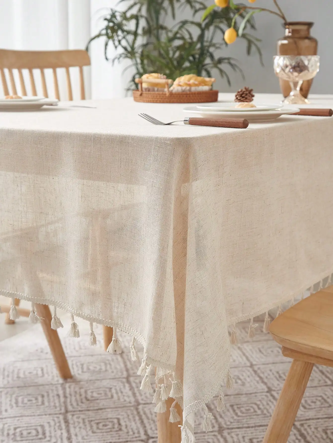 Beige linen square tablecloth, retro countryside style, kitchen living room coffee table decoration tablecloth 2