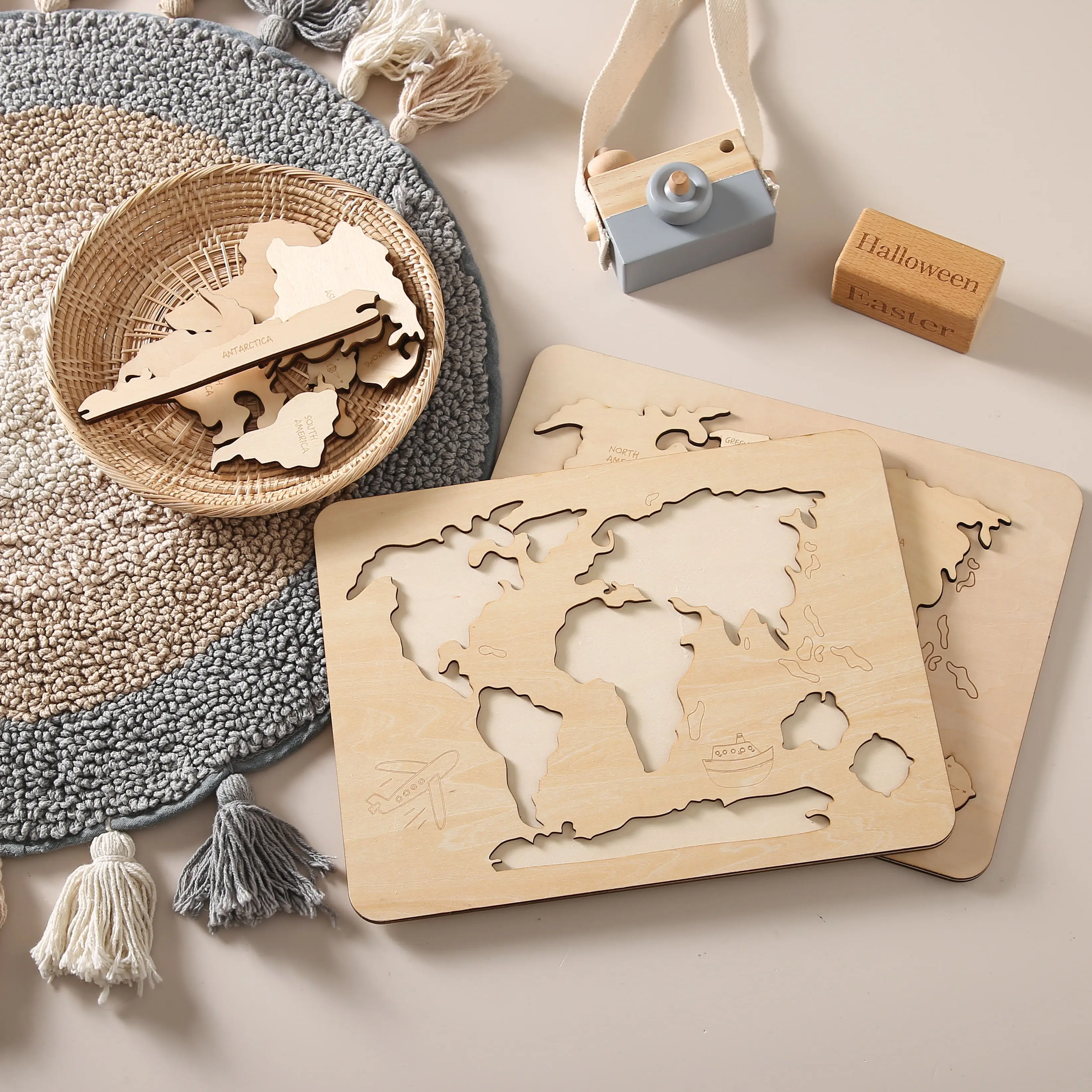 1 Set Wooden Center World Map Puzzle Baby Toy Montessori Educational Cognition Intelligence Puzzle Game For Children Toys 6