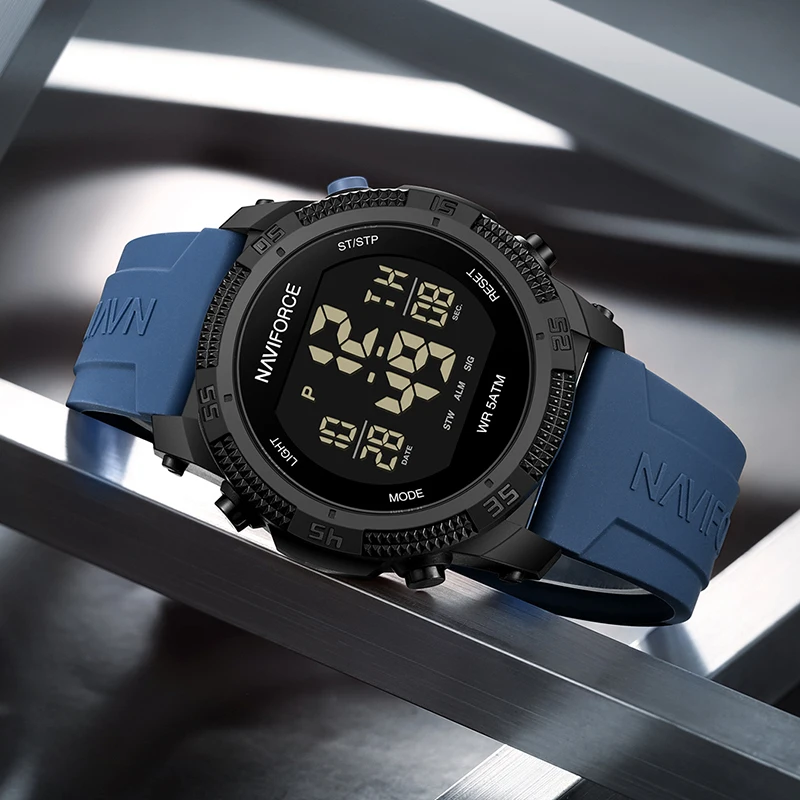 NAVIFORCE Men's Fashion LCD Digital Wristwatch 50m Waterproof Sports Silicone Strap Watches for Man Casual Electronic Male Clock