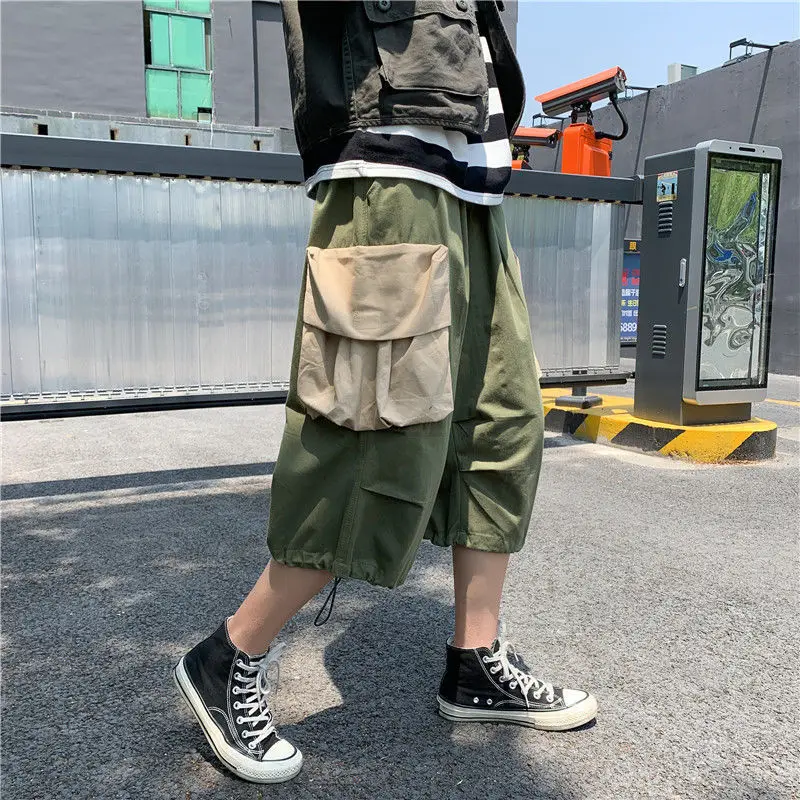 Japanese Cargo Shorts Over-the-knee Wide Leg Shorts Men's Autumn Outer Wear  Trend Cropped Pants