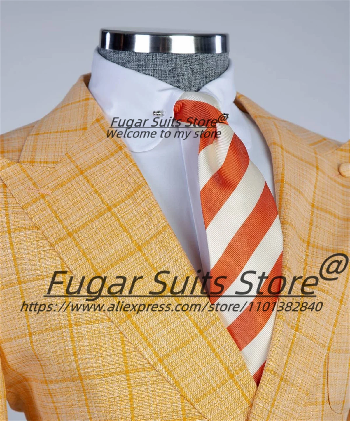 Business Yellow Plaid Men Suits 2 Pieces Slim Fit Double Breasted Groom Tuxedos
