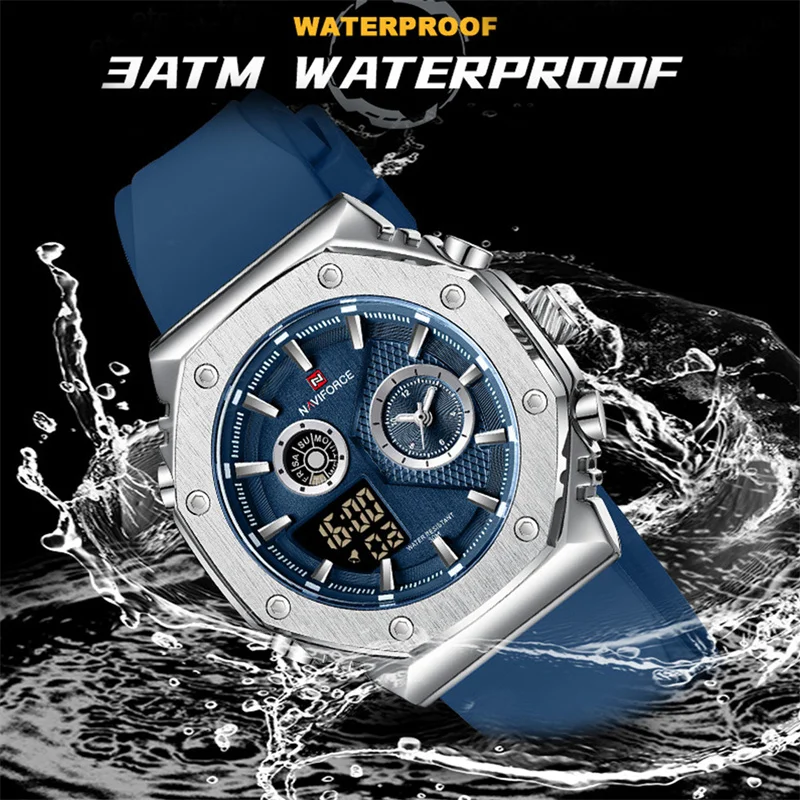 NAVIFORCE 남성용 캐주얼 스포츠 시계, 디지털 알람 남자 시계, 내구성 실리콘 방수 야광 석영 손목시계, 2023