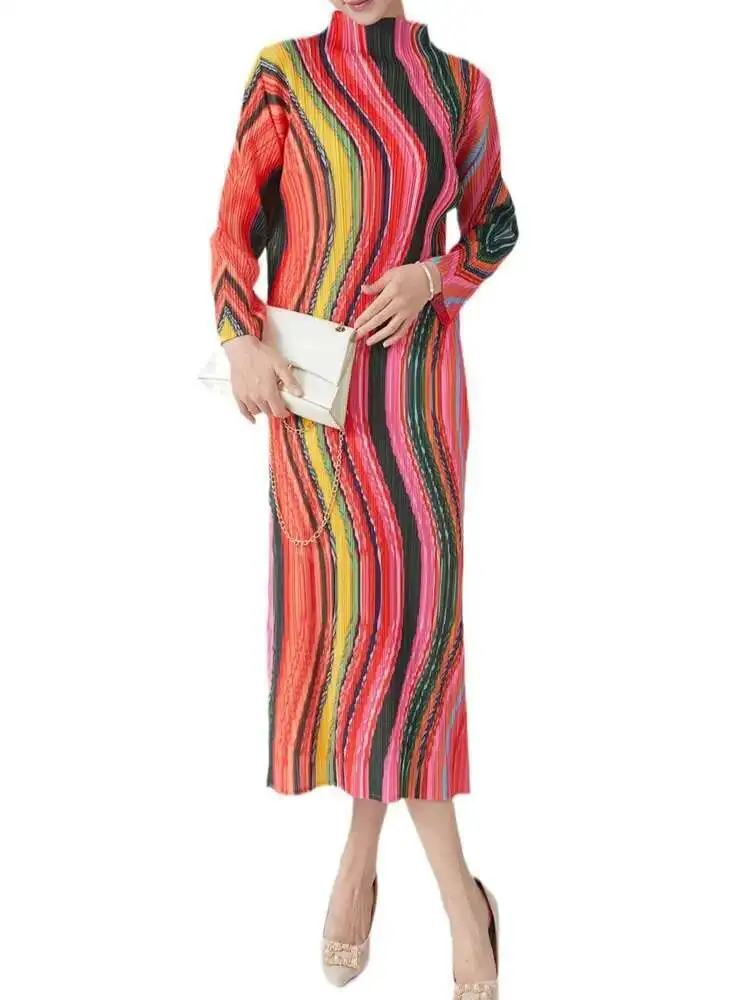 LANMREM High Collar Long Sleeve Women Dresses Contrast Color Striped Pleated Slim Mid-Calf Elegant Fashion Clothing New 2DC1022 - Image 5