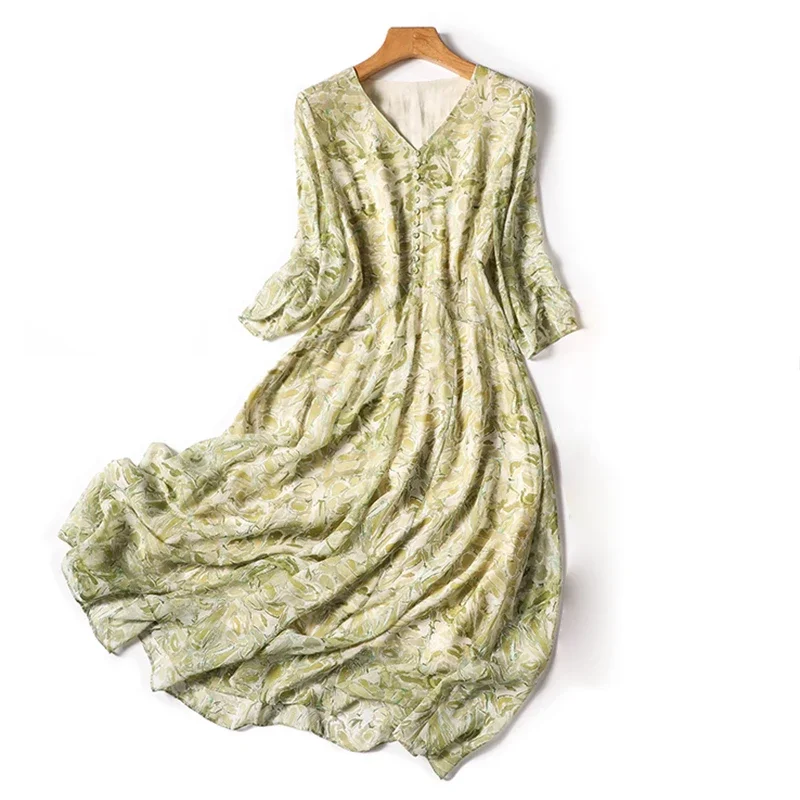 

Green Floral Printing French Vintage Chic A-Line V-Neck Women's Dress Korean Three Quarter Mid-Calf Dresses For Women Z588