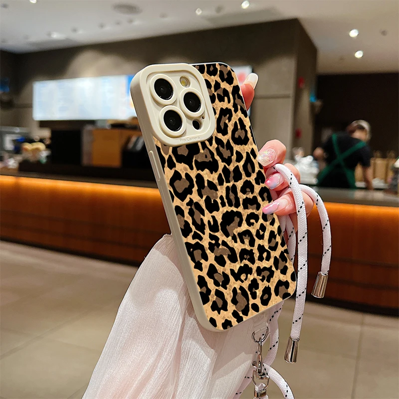 Leopard Print Lanyard Strap Silicone Phone Case - Brown