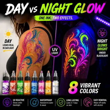 Inchiostro UV per Tatuaggi Airbrush 15ml, Vernice Fluorescente per il Corpo, Impermeabile, per Festival, Tatuaggio Temporaneo che Dura 3-7 Giorni, Sicuro sulla Pelle, Facile da Rimuovere