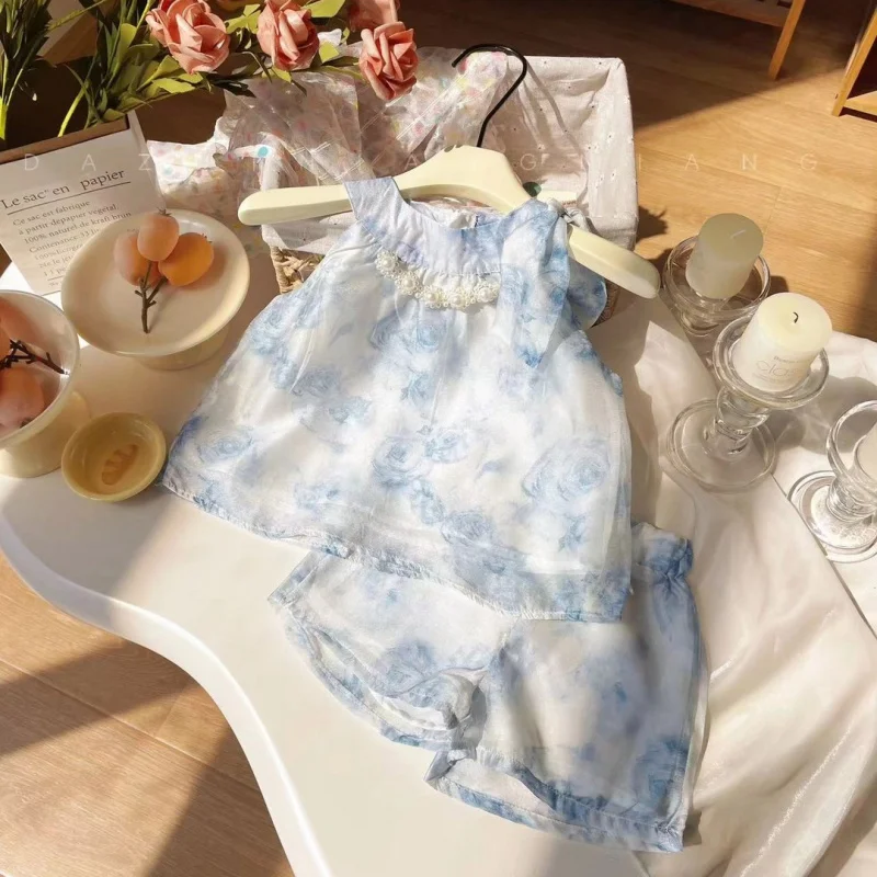 

XT241118Summer New Children's Suit Girls' Floral Western Style Antique Women's Treasure Two-Piece Set