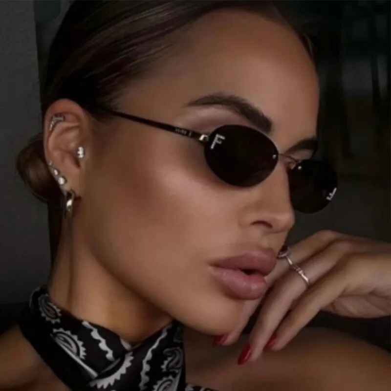 Diamond 'F' women's luxury sunglasses brand small black metal oval frame unisex stylish shades UV400