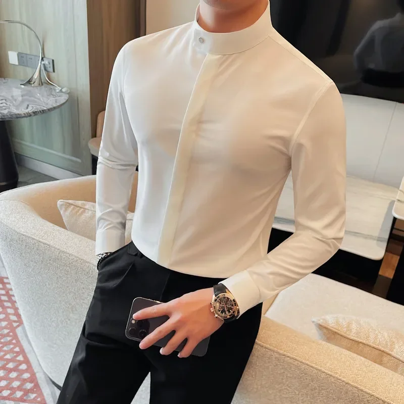 

2024 Spring Stand Collar White Shirt for Men Long Sleeve Casual Business Dress Shirts Versatile Social Banquet Party Shirt M-4XL