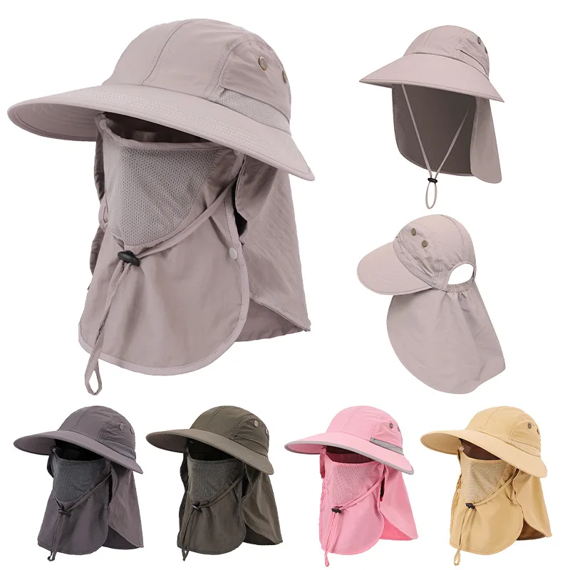 

OVTRB Mens Sun Hat Outdoor UPF50+ Wide Brim Chin Strap Fishing Hat with Neck Flap Sun Protection Cap Face Neck Cover for Hiking