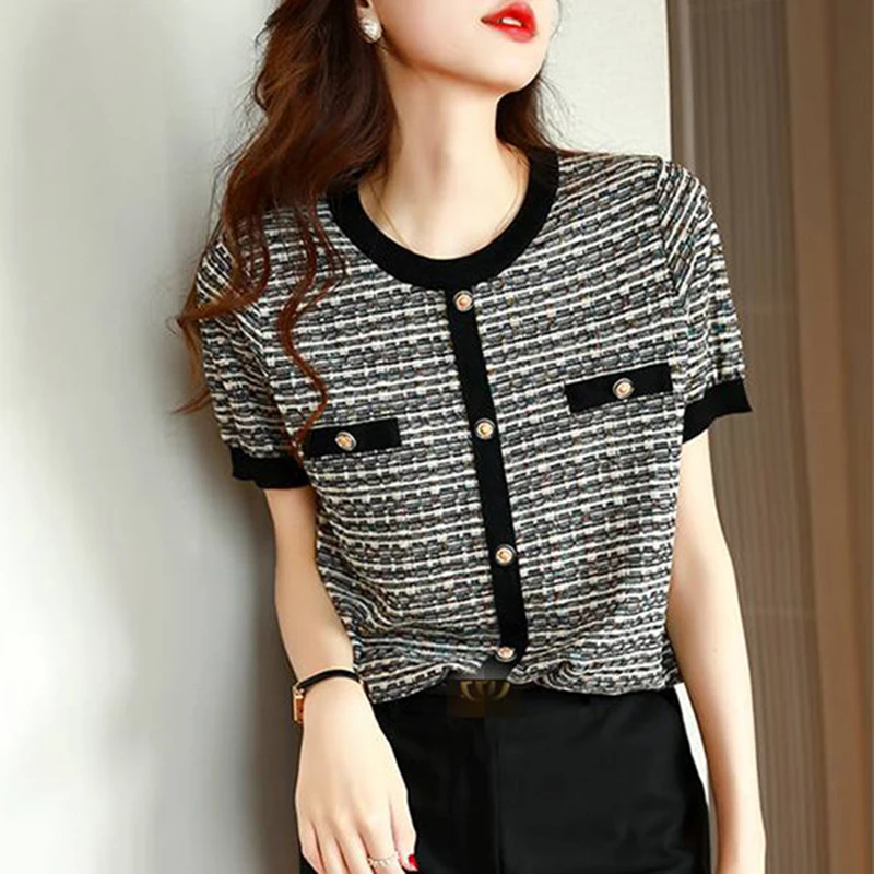 

Elegant Striped Knitted T Shirt Women Thin Short Sleeve Tshirts Korean Style Tops Clothes 2023 Summer O Neck Tees Shirt Femme
