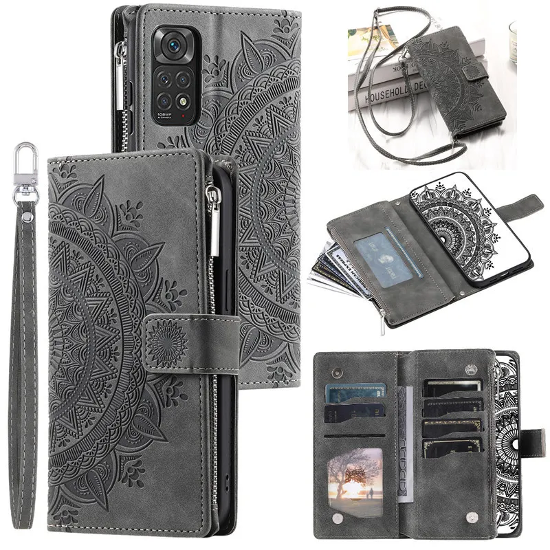 Leather Flip Phone Case with Long Lanyard and Zipper Wallet Card Holder