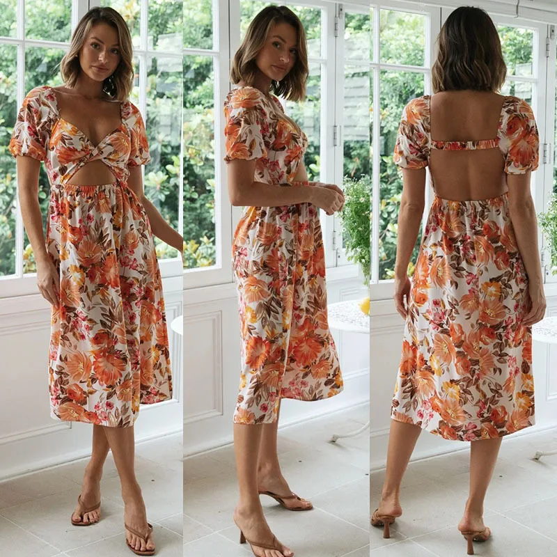 

Spring and Summer New Elegant Sexy V-neck Short Sleeve Backless Print Dress for Women