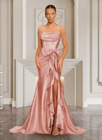 Mermaid Evening Gown Satin Straps Split Off-Shoulder Design