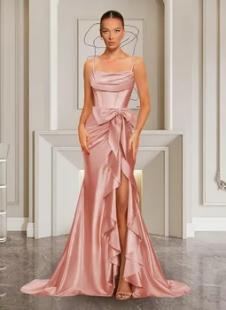 Spaghetti Straps Satin Prom Dresses for Women Mermaid Evening Gown Split off Shoulder Cocktail Dress with Bow Guest Dress 1