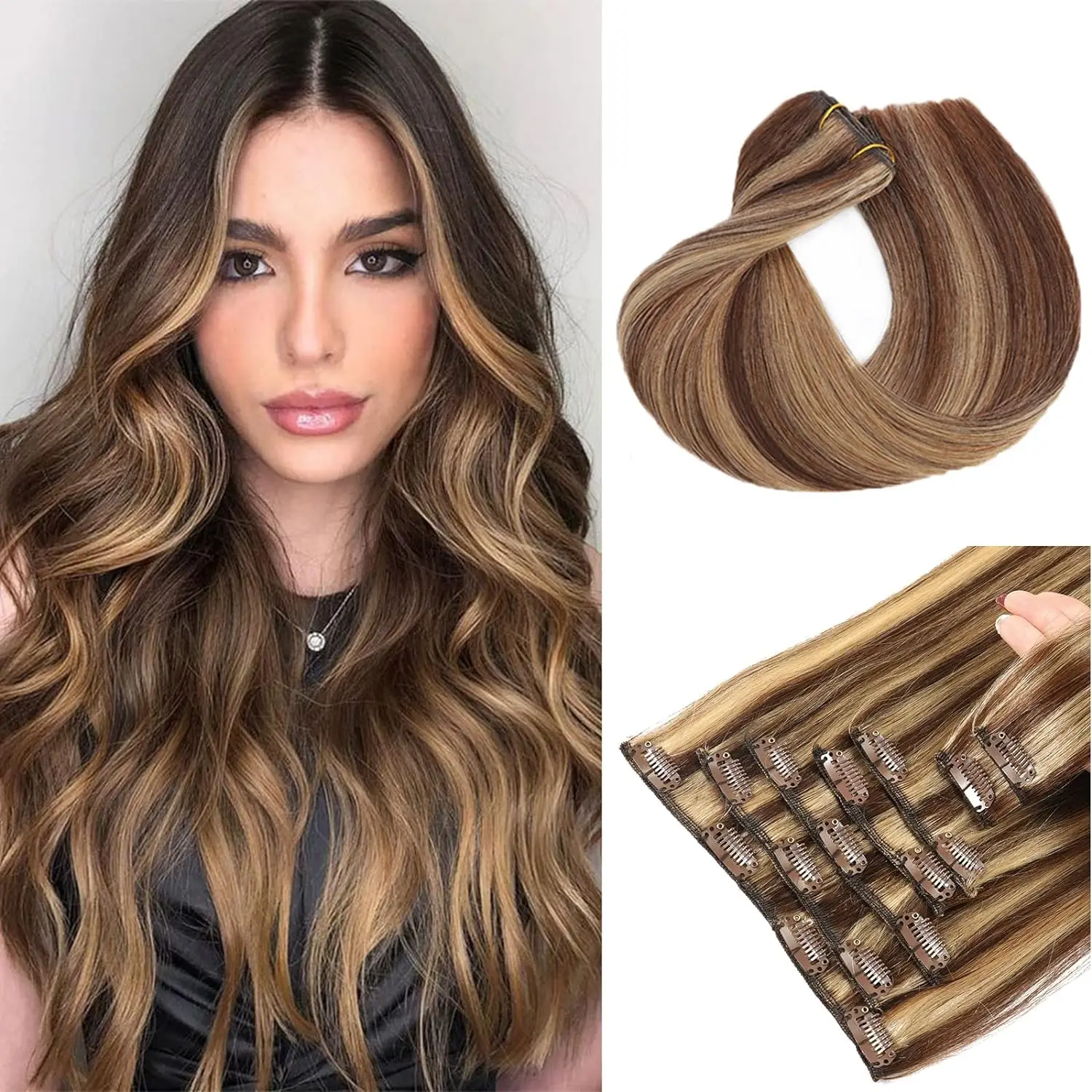 

Straight Clip in Hair Extensions Real Human Hair Double Weft Invisible 7PCS Clip ins #P4/27 Thick Ends For Women 22"-24" 100G