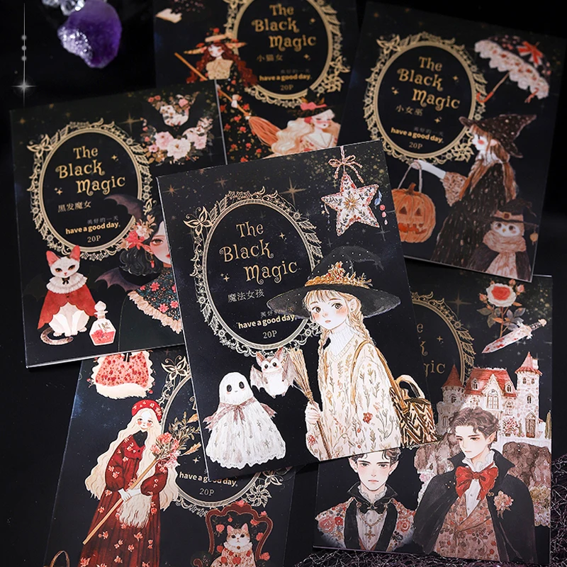 Mr Paper, 6 verschiedene Designs, Black Magic Collection, verzauberte Hexenfiguren, szenische Aufkleber, Scrapbooking-Aufkleber, Heimdekoration, Geschenke