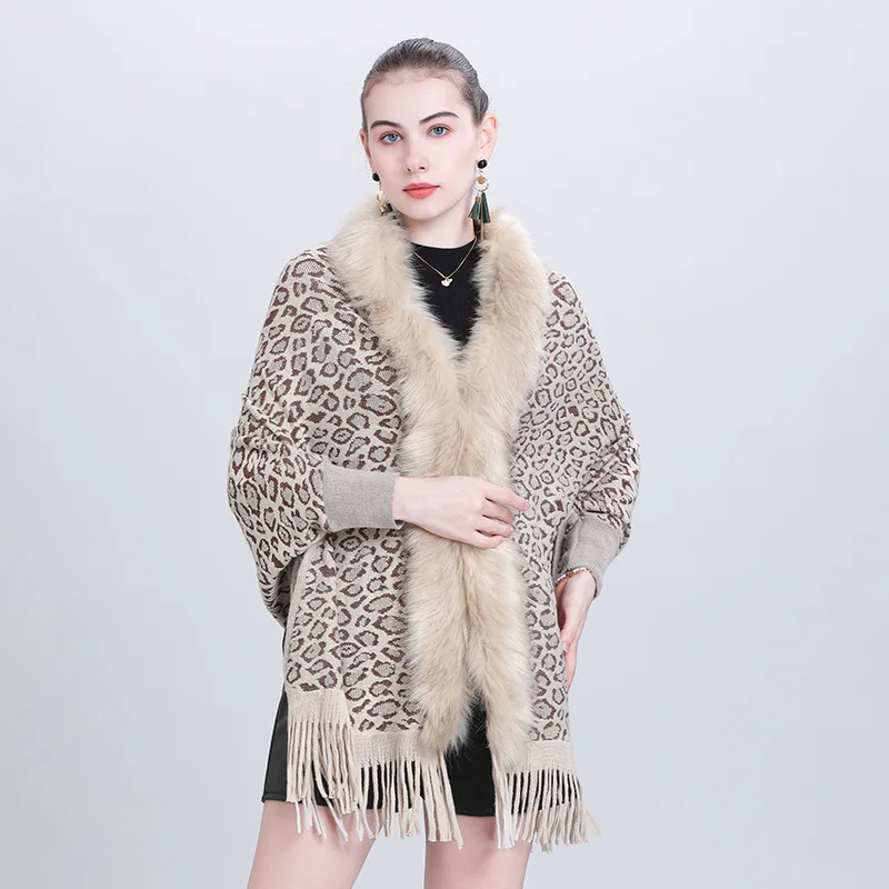 5 Colors 2022 Women Batwing Sleeves Leopard Printed Poncho Capes Faux Fur Cloak Winter Warm Tassel Loose Streetwear Overcoat