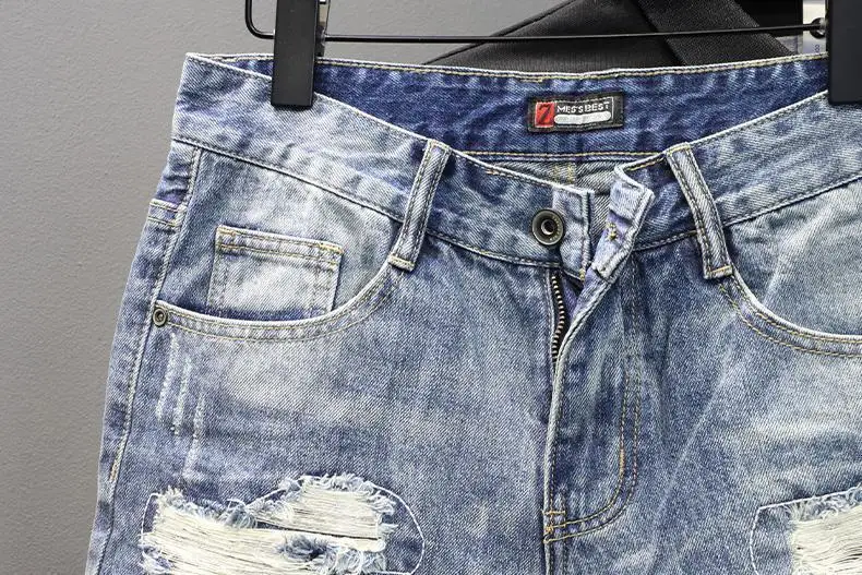 Denim Shorts 2025 Men's Summer Thin Ripped Patch Beggar Pants Cat Whisker Needle Sewing Slim Small Feet Short Jean Medium Pants