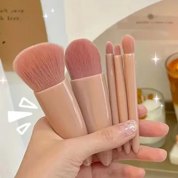 Set di 5 pennelli morbidi per il trucco, portatili con specchio, mini pennelli per il trucco con custodia, strumenti di bellezza, kit di pennelli cosmetici
