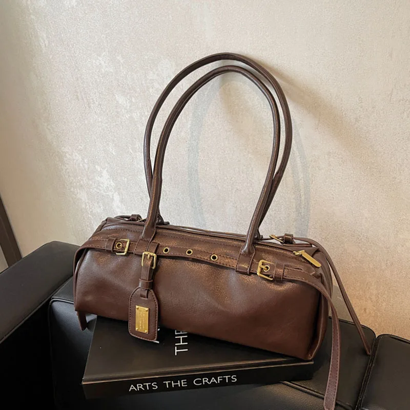 Ladies Vintage Bag Fashion Retro Large Capacity Tote Bag Motorcycle Bag Pu Shoulder Bag Handbag Brown