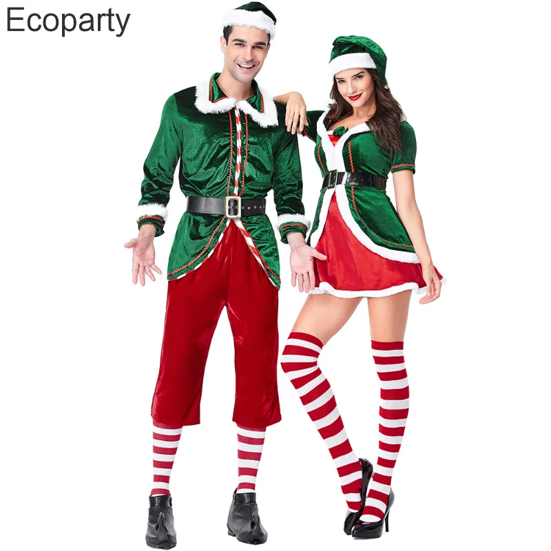 

New Couples Green Elf Christmas Costumes Santa Claus Cosplay Outfits For Women Men Halloween Xmas Party Show Cosplay Costume