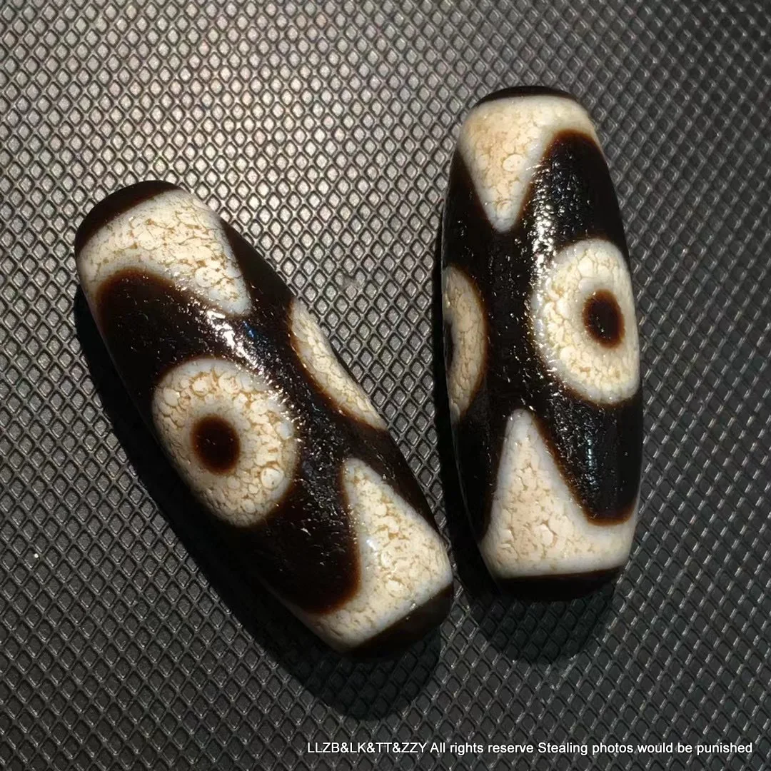 

A Pair Ultra Energy Tibetan Top Old Agate Oily Patina FULL Dragon Vein 9 Eyed dZi Bead Pendant 2022 Amulet Timestown UPD1031A93