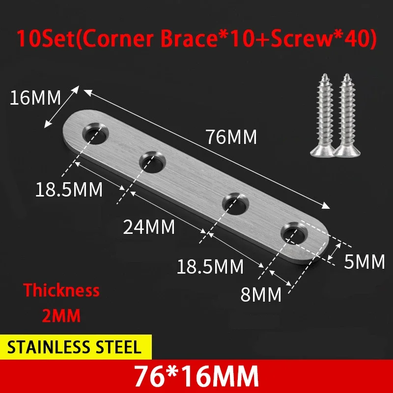 Straight Corner Brackets with Screws Stainless Steel 2mm Thickness for Shelves Wood Furniture Repair 10Set