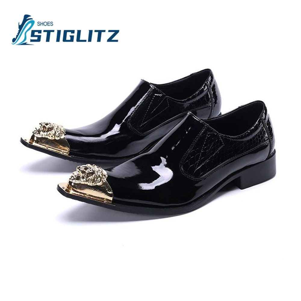 Point Metal Toe Patent Leather Chelseas Square Heel Slip On Mules Men's High Quality Casual Shoes Genuine Leather Formal Shoes