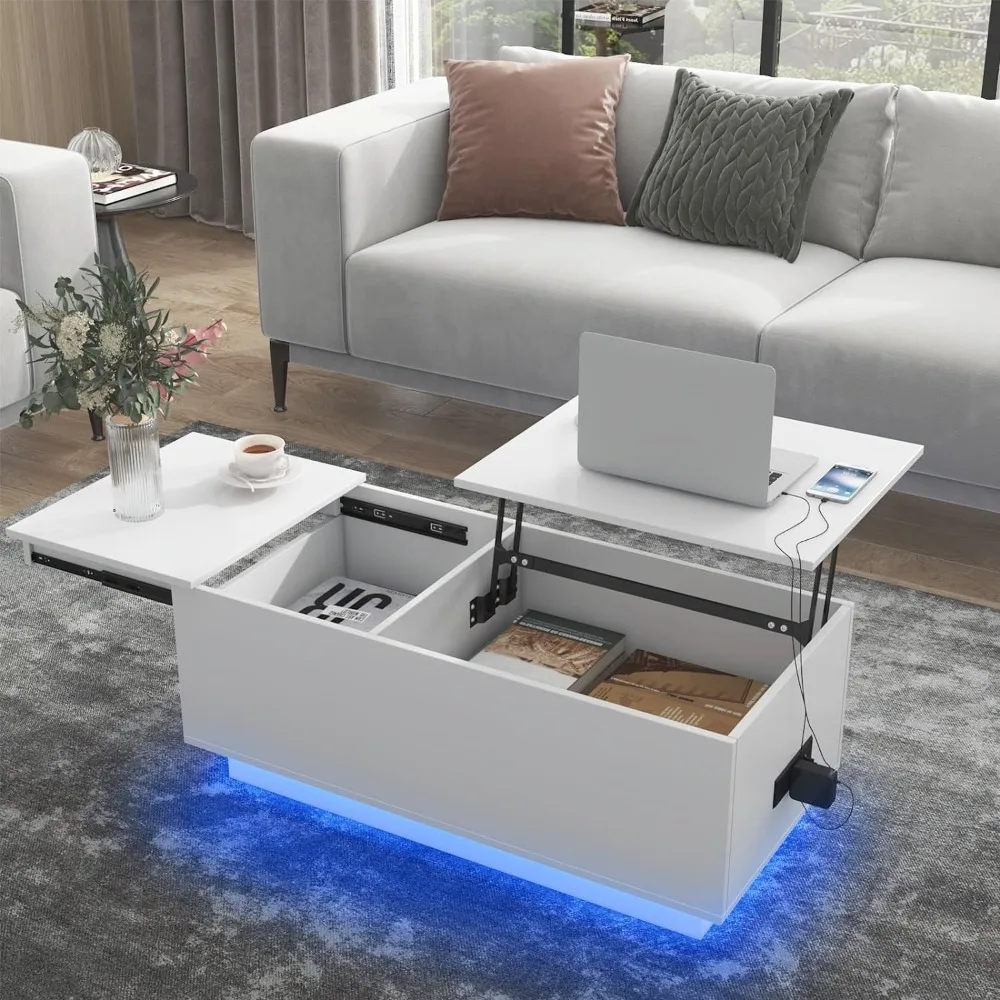 

Lift Top Led Coffee Table With Charging Station Modern Center Cocktail Table for Living Room With Hidden Compartment Furniture