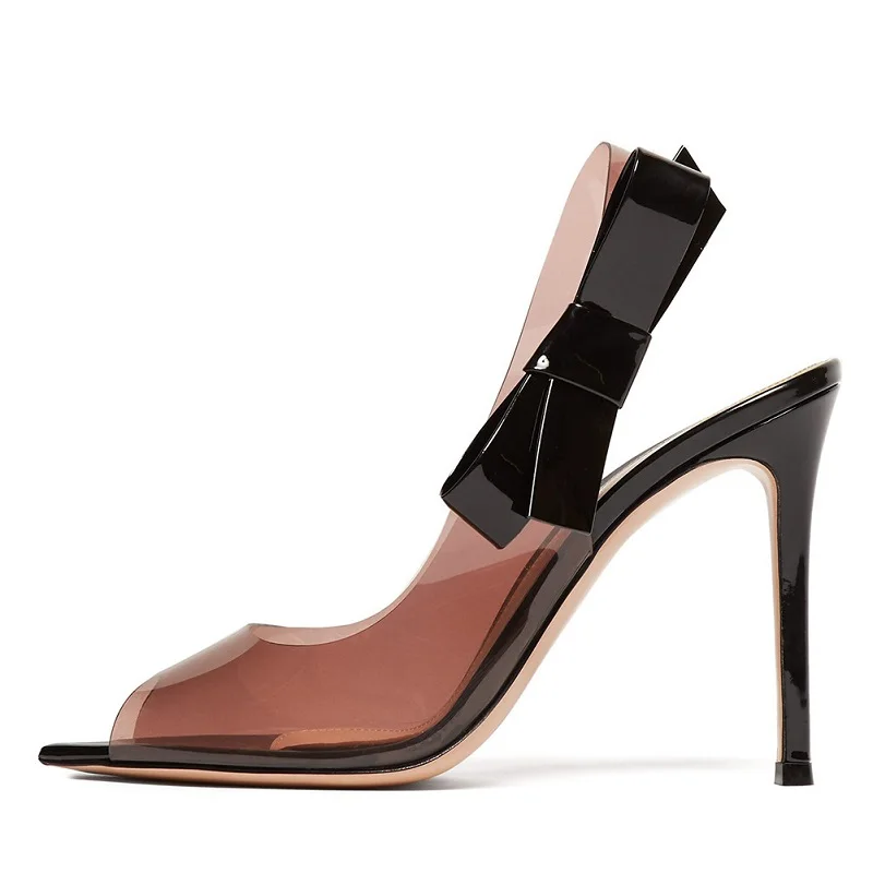 

Новинка весна-лето, вечерние сандалии на шпильке с острым носком из ПВХ и атласа с бантом, прозрачные сексуальные женские туфли большого размера на заказ