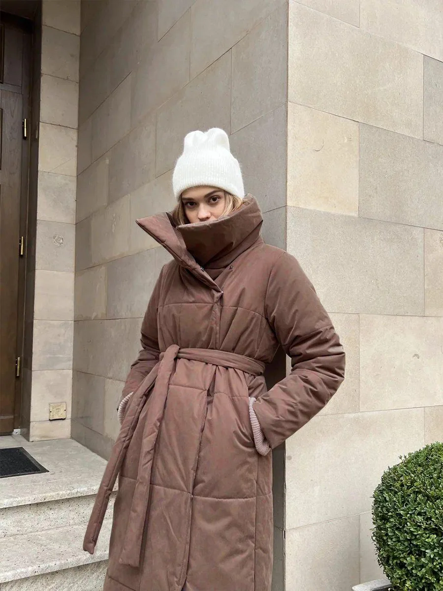 Winter Female Parkas Outwear Loose Lace-Up High Waist Long Sleeve Pocket Lapel Bandage Coat For Women Solid Parkas