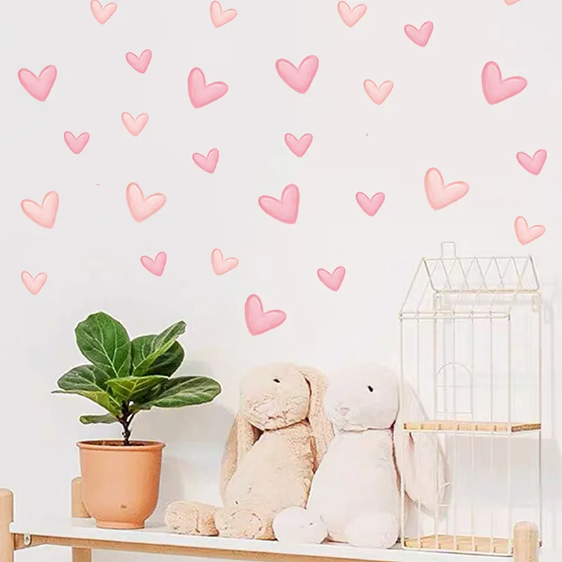 Girl Room 60pcs Pink Heart-Shaped Bedroom Wall Stickers