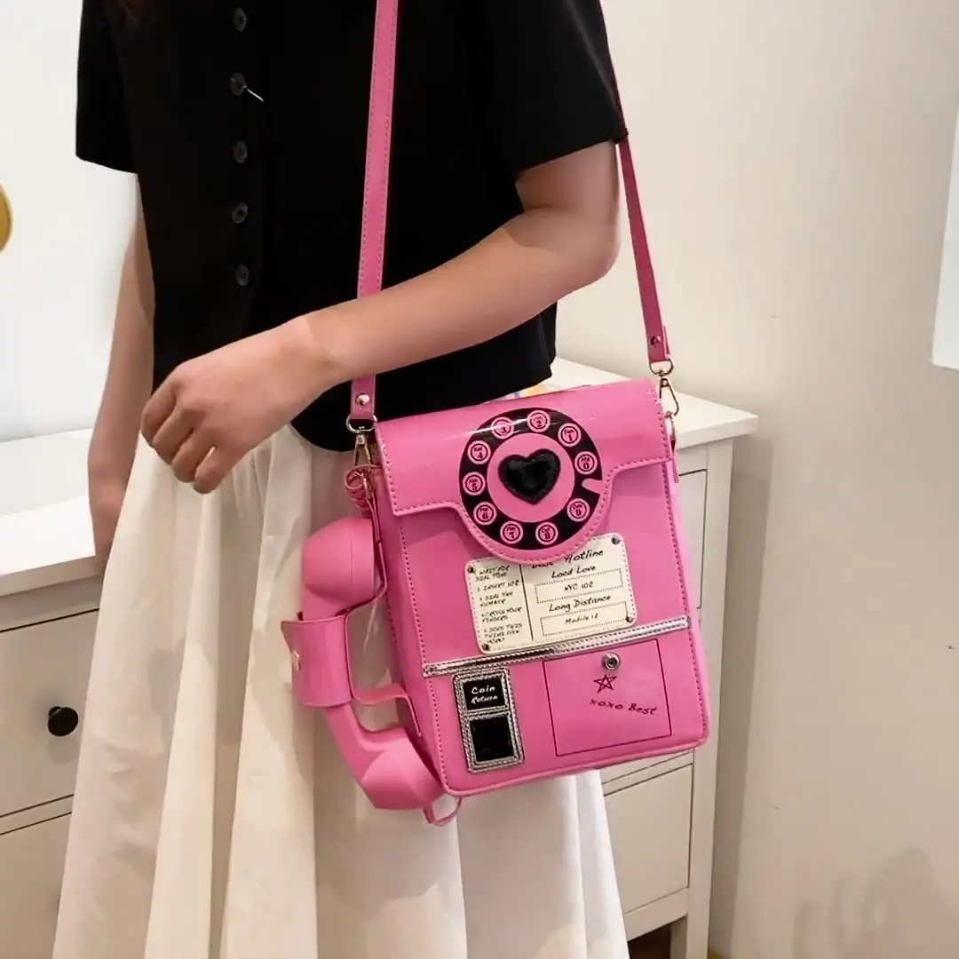 Pink Listen Music Telephone Shaped Purses and Handbags for Women Retro Phone Top-Handle Shoulder Crossbody Bag Female Flap Totes